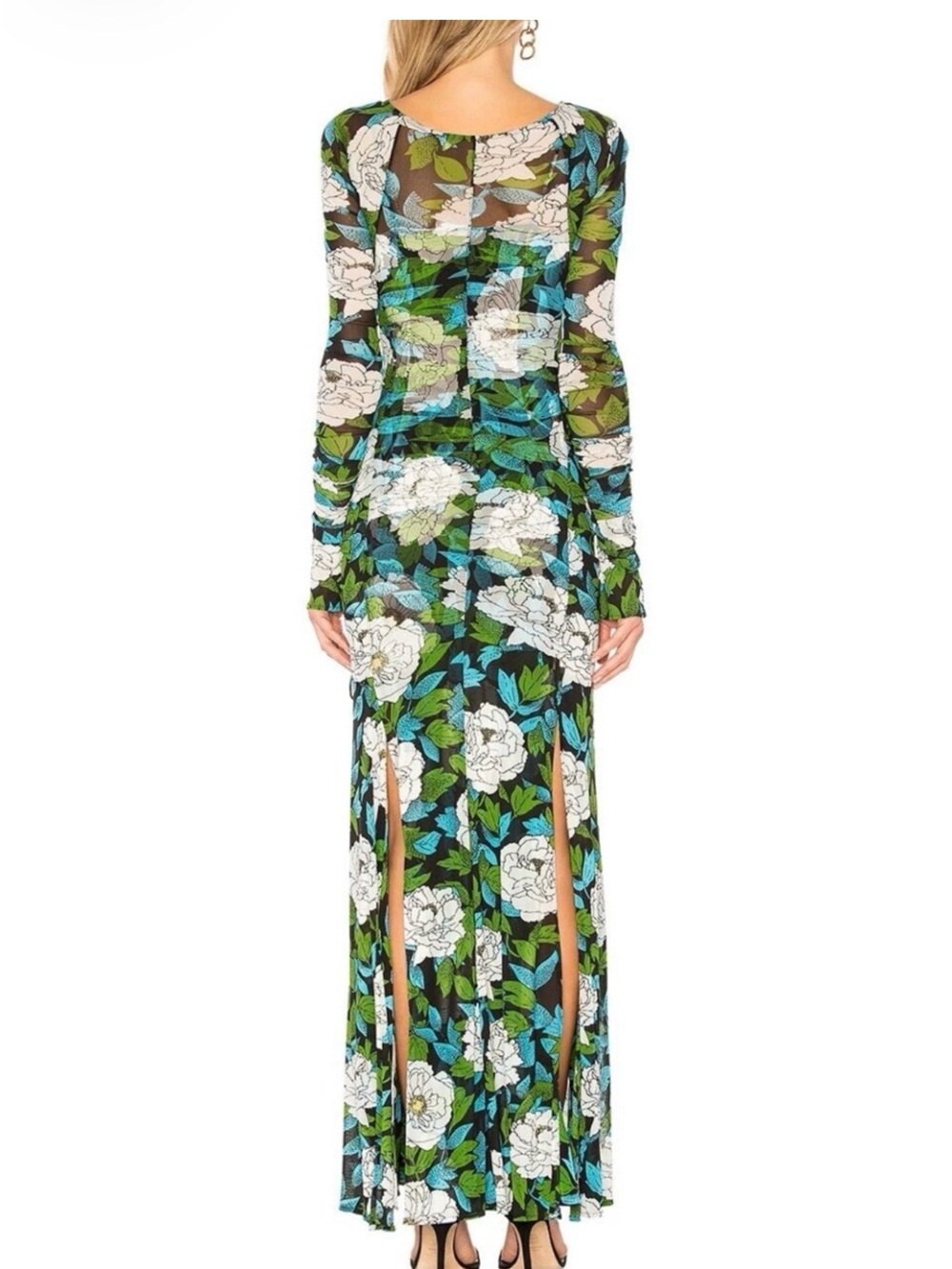 DVF Floral Long Sleeve Mesh Maxi Dress in Black & Green